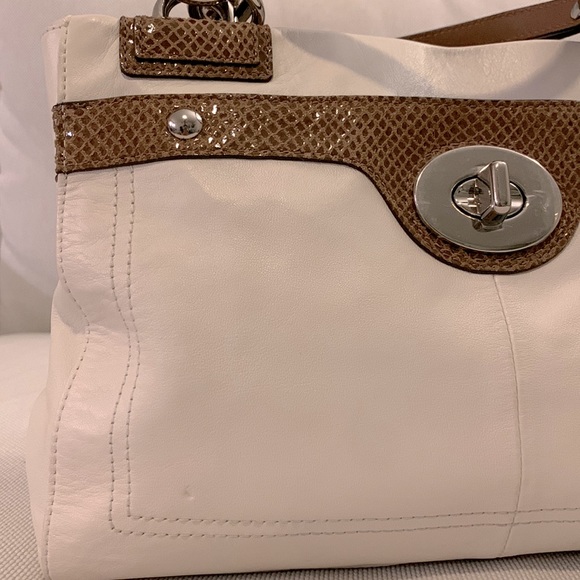 COACH Penelope Ivory Leather Brown Snakeskin Carryall Tote Bag - Picture 6 of 11